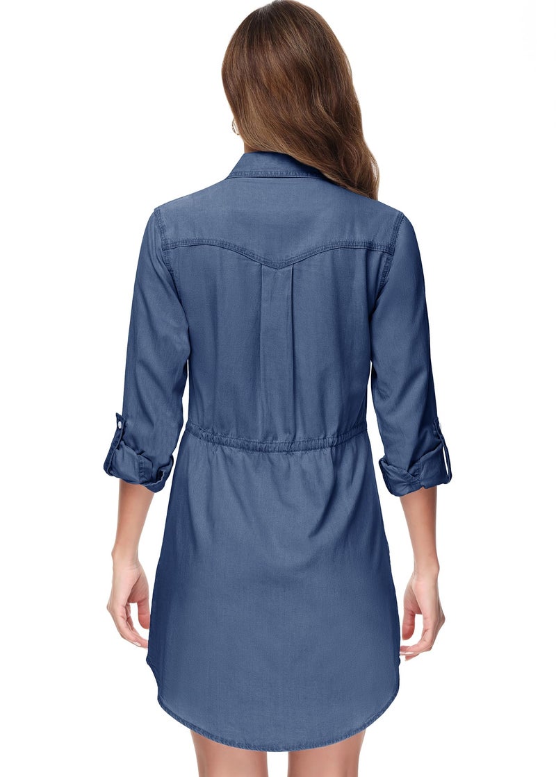 Anna-Kaci Women's Jean Shirt Dress Long Sleeves Waist Ties Casual Short Chambray Denim, Blue, Medium - Image 2